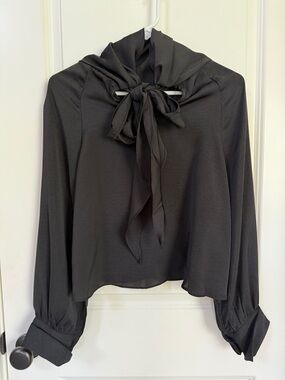Women's Black Tie-Neck Long Sleeve Blouse